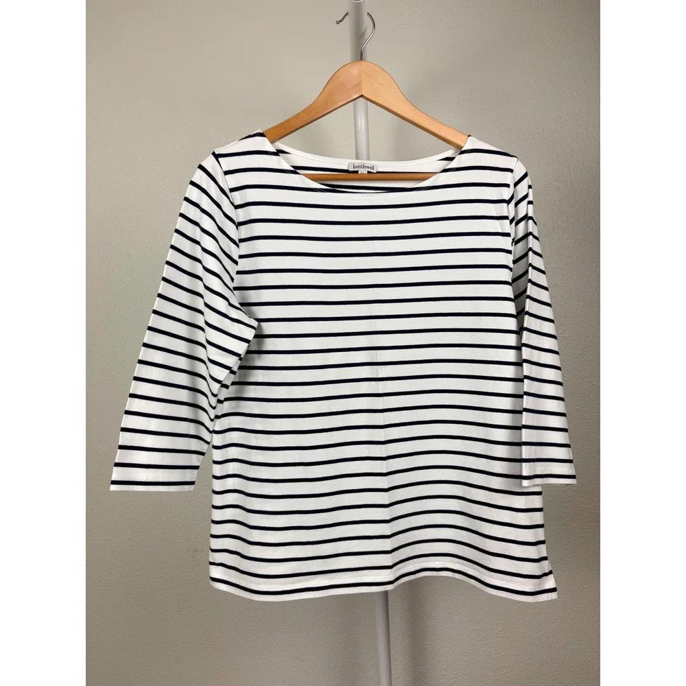Kettlewell Womens Navy White Striped Boat Neck 3/4 Sleeve Top Size Large - Picture 1 of 5